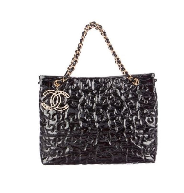 Chanel Puzzle-piece  Classic Cc Logo Grand Shopping Gst Tote Black Gold Patent Leather Shoulder Bag